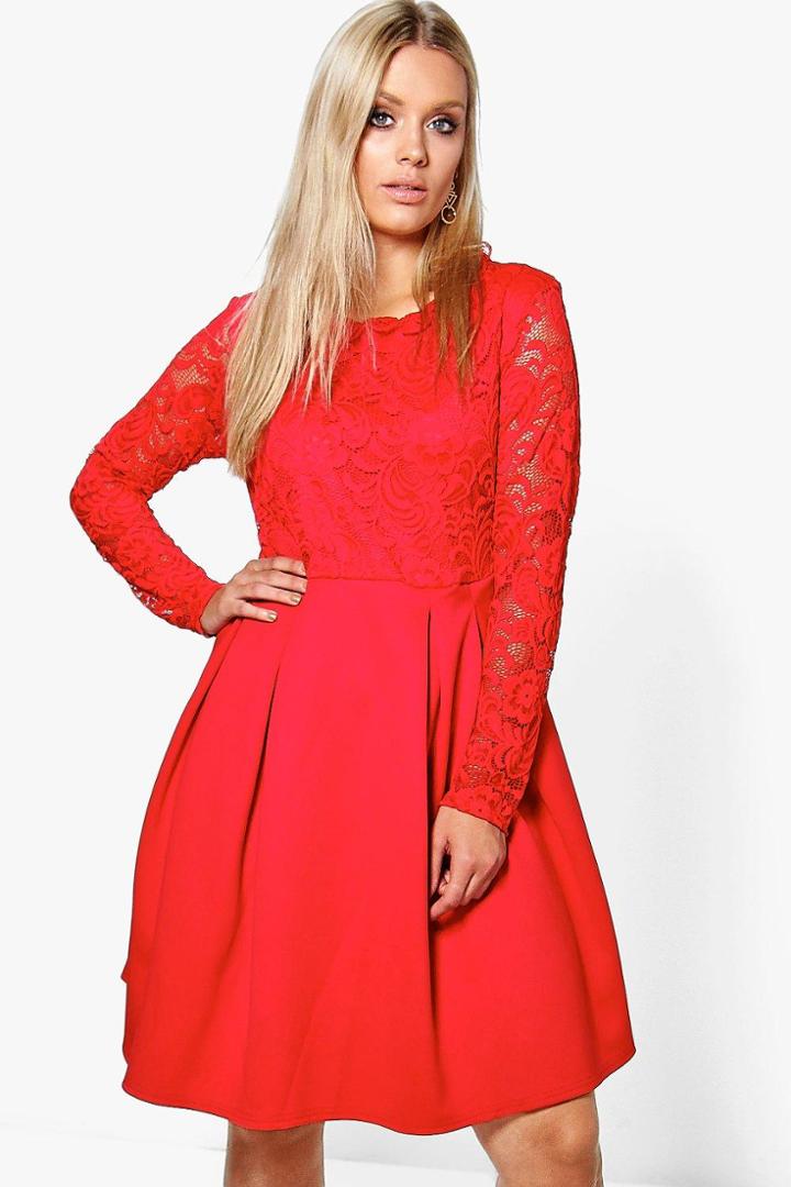 Boohoo Plus Mel Lace Panel Skater Dress Red