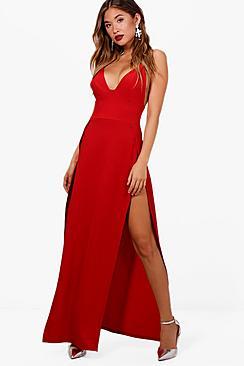 Boohoo Ray Plunge Neck Super High Split Maxi Dress