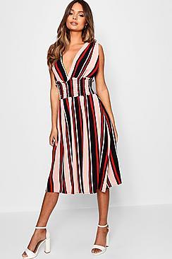 Boohoo Plunge Front Striped Shirred Waist Midi Dress
