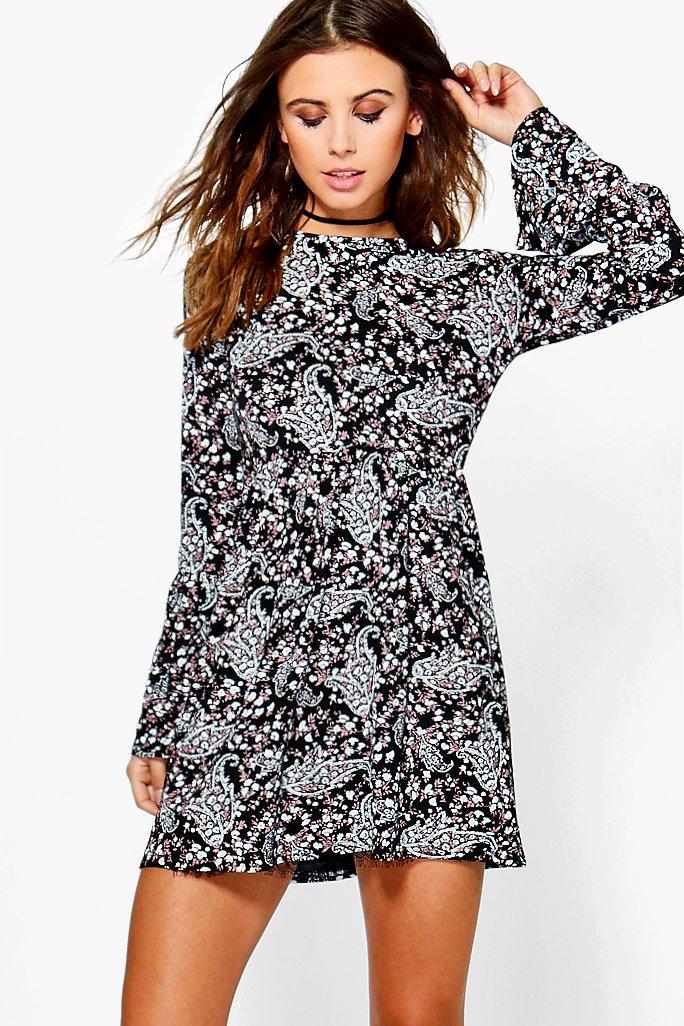 Boohoo Petite Melissa Frill Sleeve Smock Dress Black