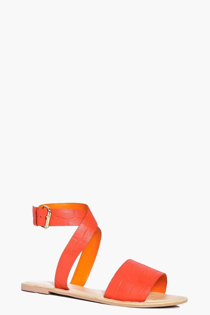 Boohoo Ella Embossed Leather Cross Ankle Strap Sandal Orange