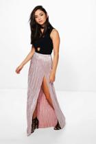 Boohoo Yazzmin Metallic Pleated Thigh Split Maxi Skirt Rose