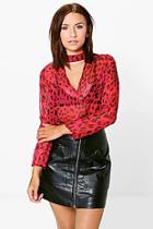 Boohoo Petite Elisa Leopard Print Open Neck Detail Blouse