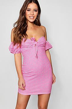 Boohoo Petite Gingham Bardot Bodycon Dress