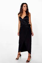 Boohoo Mimi Satin Strappy Wrap Tie Belt Midi Dress Black