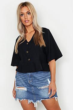 Boohoo Plus Linen Horn Button Frill Hem Blouse