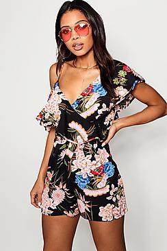 Boohoo Jade Oriental Ruffle Asymmetric Playsuit