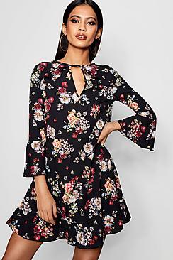 Boohoo Faya Floral Ruffle Detail Tea Dress