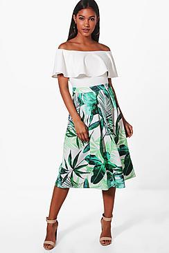 Boohoo Neve Palm Print Box Pleat Skater Skirt
