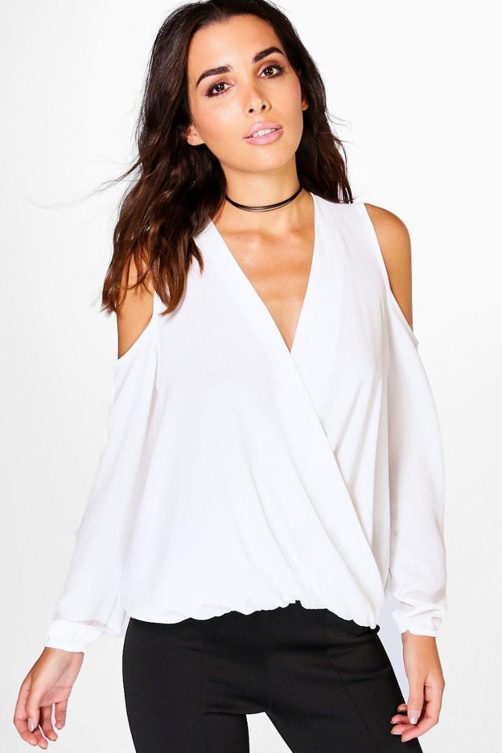 Boohoo Summer Cold Shoulder Wrap Oven Woven Top Cream