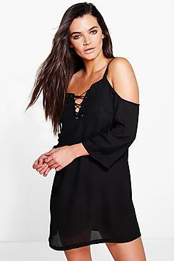 Boohoo Maria Lace Up Cold Shoulder Shift Dress