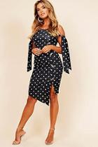 Boohoo Tie Sleeve Polka Dot Button Midi Dress