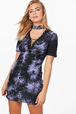 Boohoo Maya Lace Up Tie Dye Choker Bodycon Dress