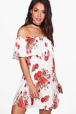 Boohoo Rose Pleat Floral Off Shoulder Double Layer Swing Dress