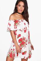 Boohoo Rose Pleat Floral Off Shoulder Double Layer Swing Dress