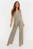 Boohoo Petite Check Belted Wide Leg Jumpsuit