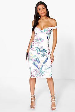Boohoo Cleo Floral Sweetheart Off The Shoulder Midi Dress