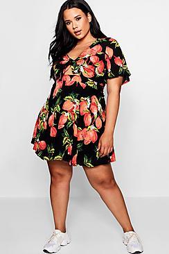 Boohoo Plus Bethany Tie Front Lemon Print Midi Dress