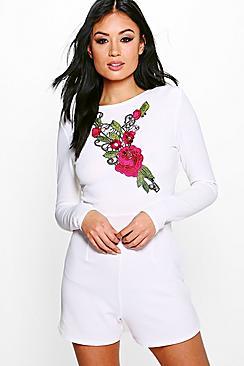 Boohoo Eille Embroidered Detail Full Sleeve Playsuit