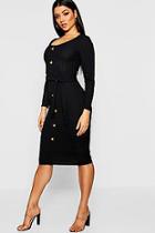Boohoo Belted Long Sleeve Button Up Rib Knit Dress