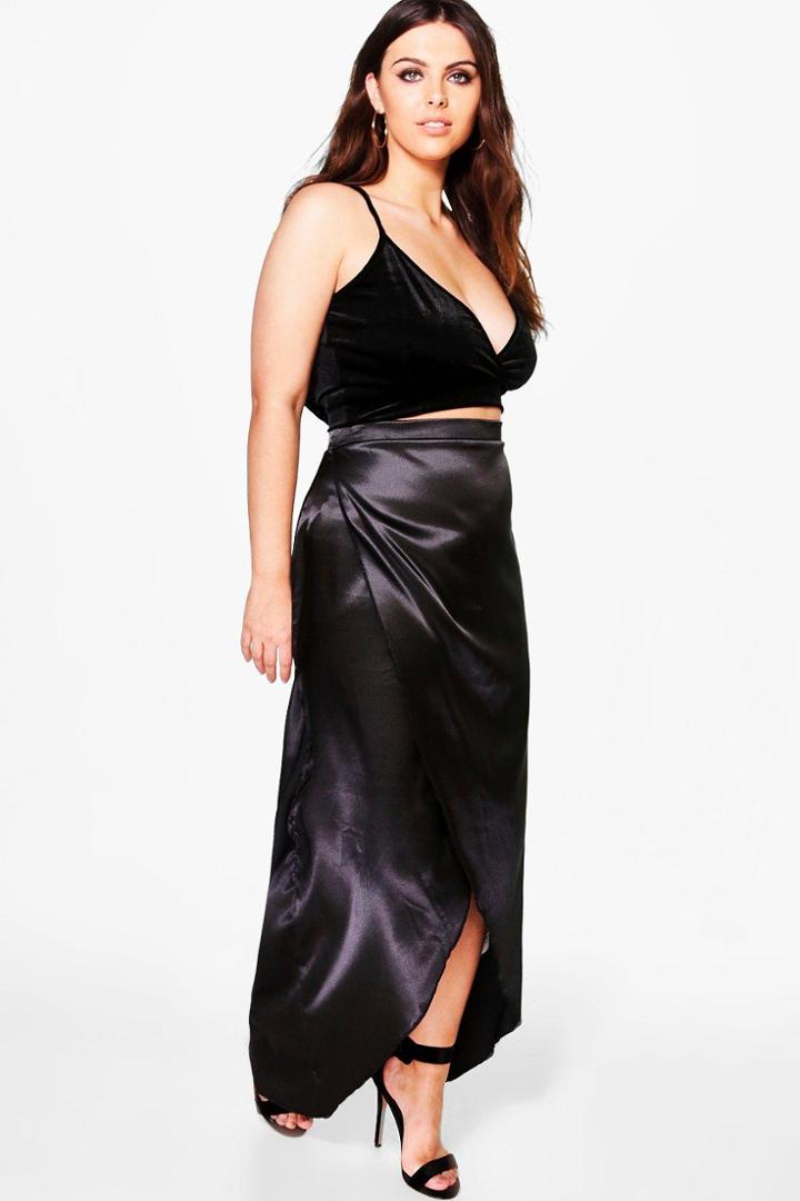 Boohoo Plus Keira Satin Wrap Skirt Black
