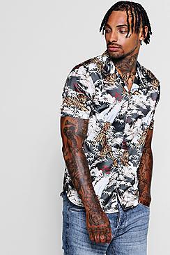Boohoo Jungle Tiger Print Short Sleeve Revere Shirt
