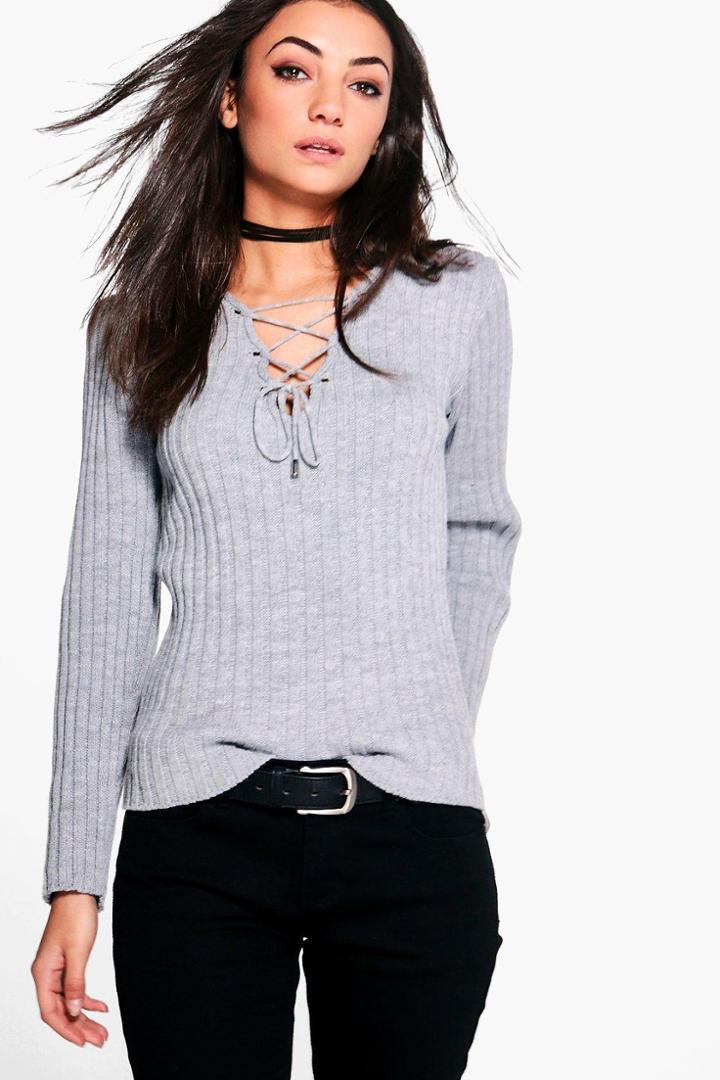 Boohoo Tall Saffira Lace Up Jumper Grey