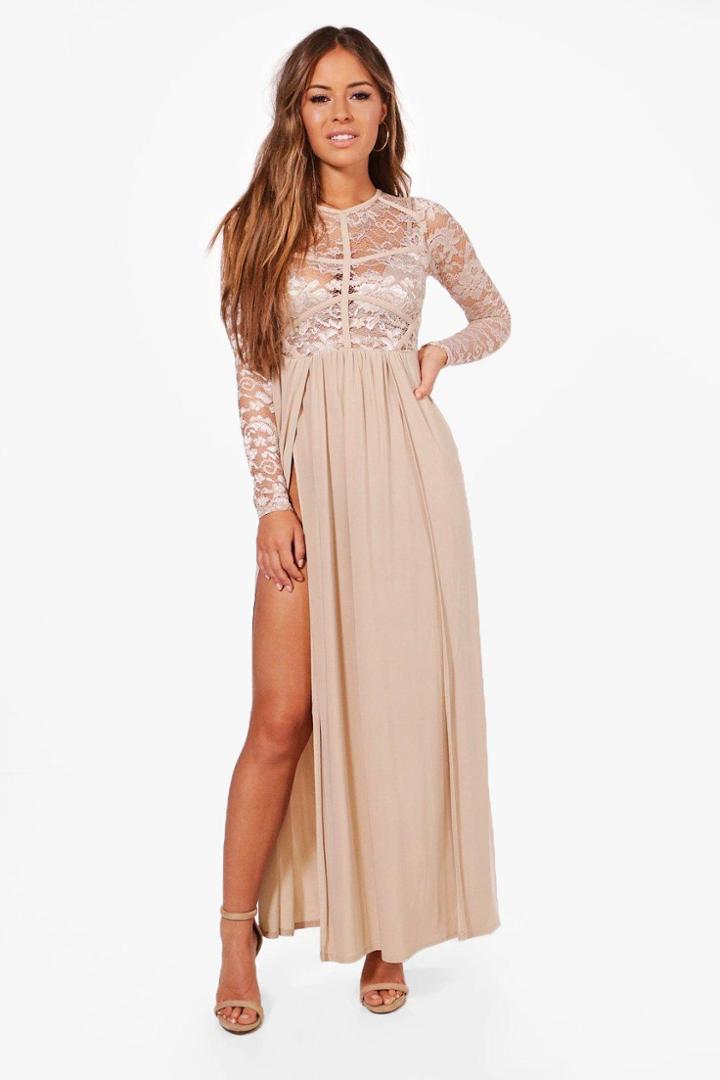 Boohoo Petite Annabell Lace Panel Detail Maxi Dress Stone