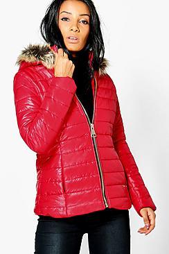 Boohoo Sarah Faux Fur Hood Quilted Jacket