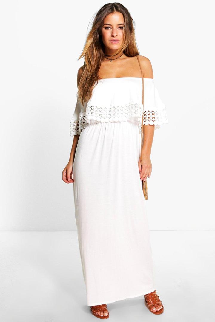 Boohoo Petite Chrissy Bardot Trim Detail Maxi Dress Cream