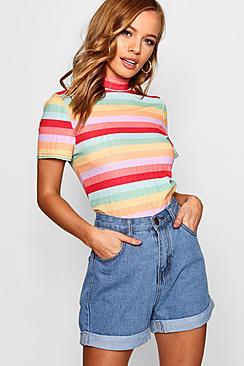 Boohoo Petite  Paige Turtle Neck Rainbow Stripe Crop Top