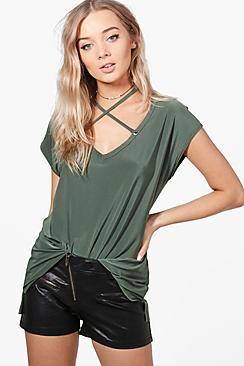 Boohoo Maria Slinky Eyelet Cross Over Detail Top