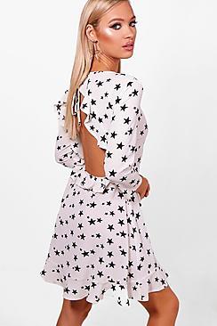 Boohoo Open Back Ruffle Detail Tea Dress