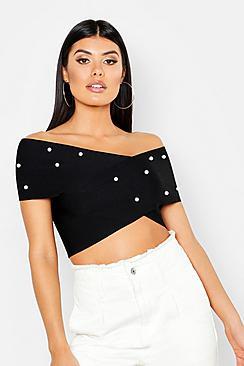 Boohoo Pearl Detail Bandage Wrap Crop Top