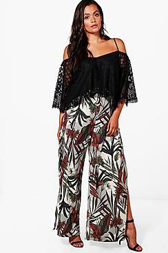 Boohoo Plus Holly Tropical Print Wide Leg Trouser