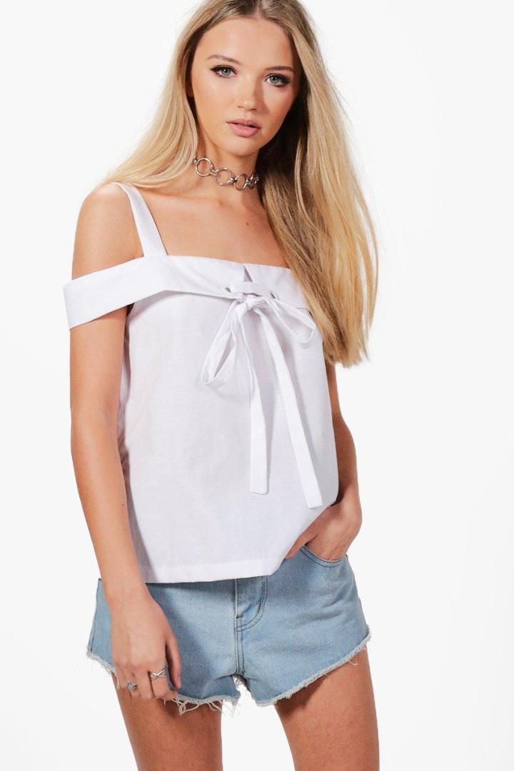 Boohoo Grace Cold Shoulder Eyelet & Tie Top Ivory