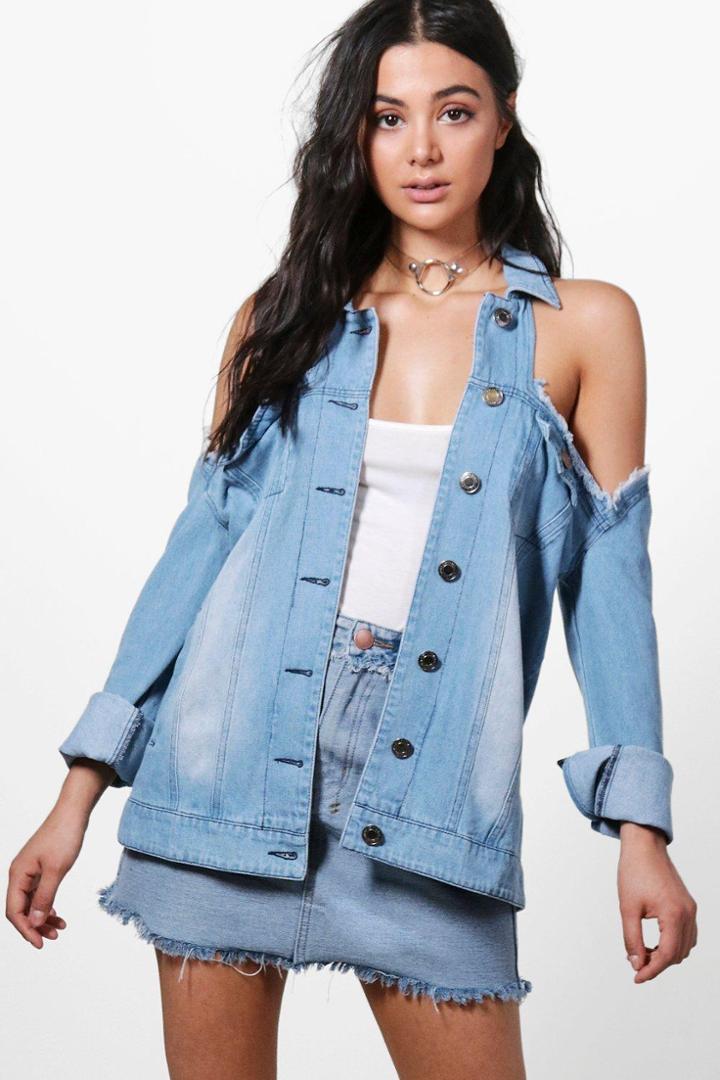 Boohoo Luna Cold Shoulder Jean Jacket Blue