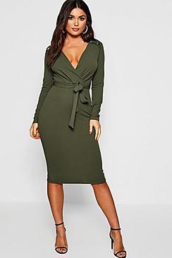 Boohoo Button Shoulder Belted Midi Dress