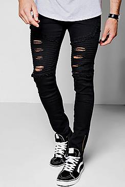 Boohoo Spray On Skinny Distressed Biker Jeans With Zip Cuff