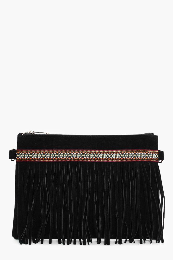 Boohoo Macy Aztec & Fringe Cross Body Bag Black