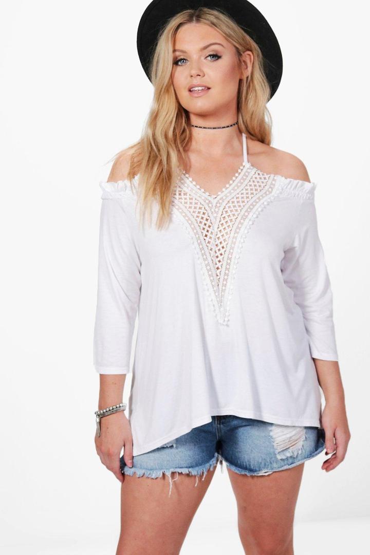 Boohoo Plus Abbi V Neck Tie Crochet Trim Top White