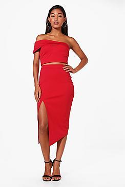 Boohoo Jessica One Shoulder Crop & Midi Skirt Co-ord Set