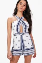 Boohoo Lillie Plunge Strappy Border Print Playsuit White