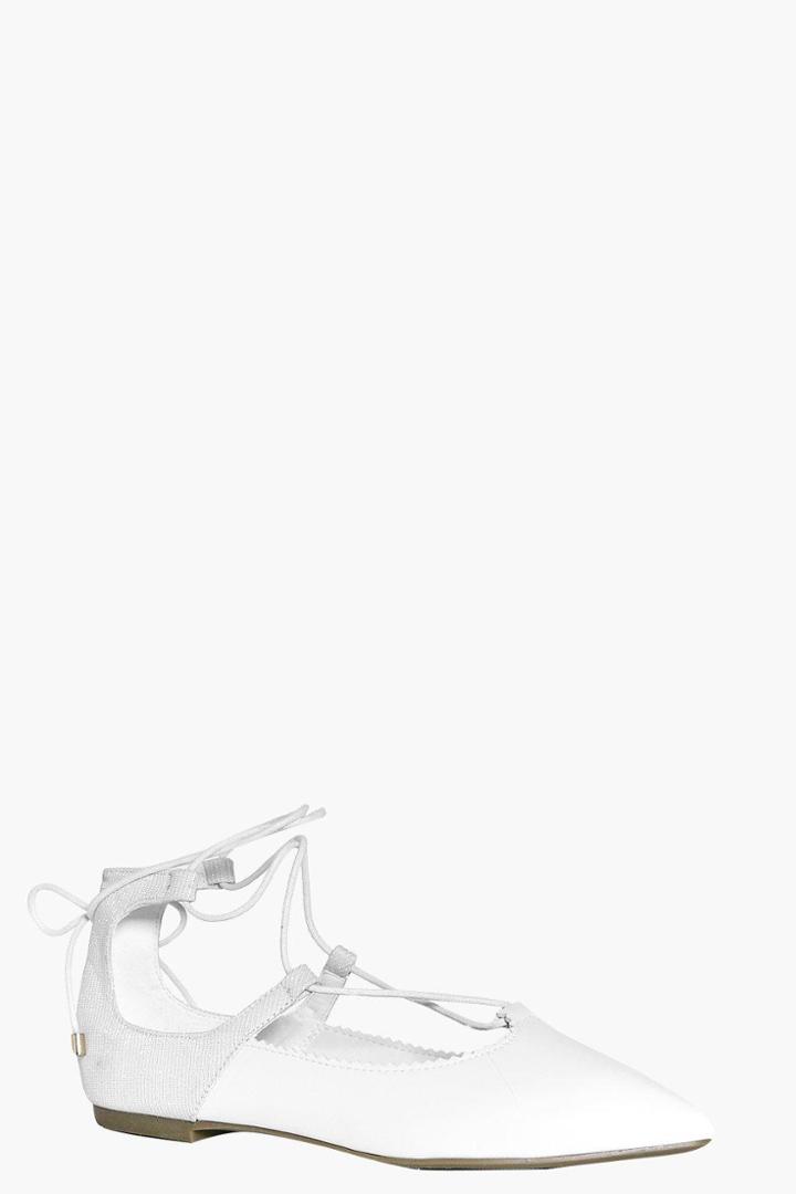 Boohoo Sophia Lace Up Pointed Ballet White