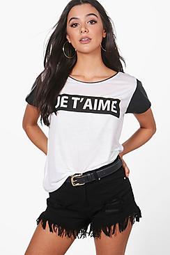 Boohoo Elly Je T'aime Print T-shirt With Pu Sleeves