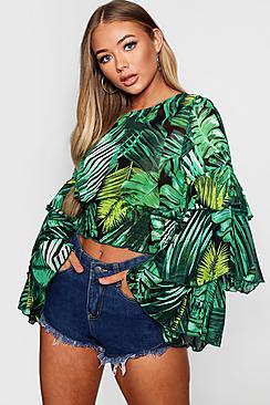 Boohoo Tiffany Palm Print Ruffle Sleeve Crop