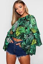 Boohoo Tiffany Palm Print Ruffle Sleeve Crop