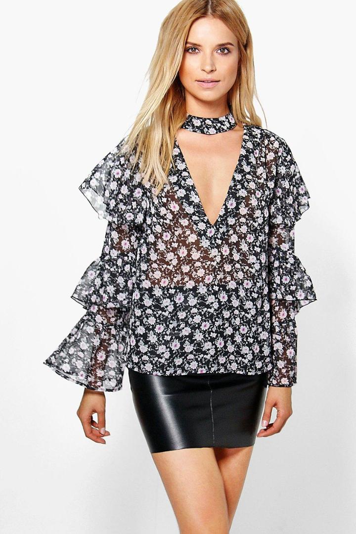 Boohoo Bella Tiered Sleeve Floral Choker Detail Blouse Black