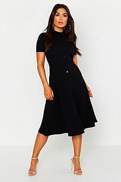 Boohoo High Neck Button Detail Skater Dress