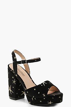 Boohoo Glitter Velvet Star Platform Heels